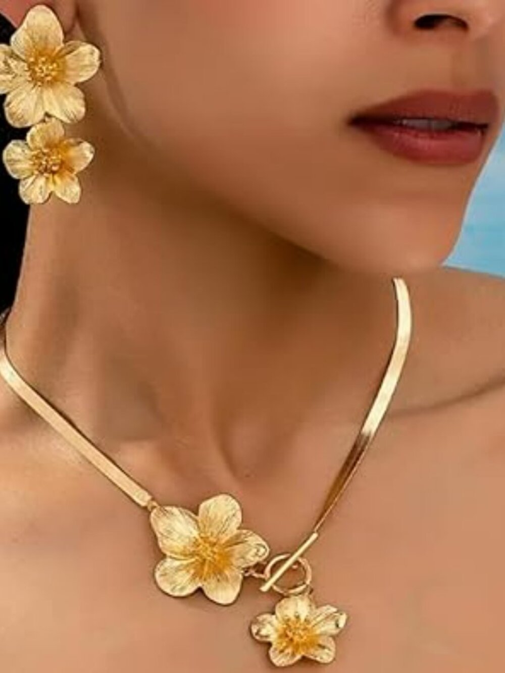 Large Double Flower Necklace & Earring Set Gold Chain Necklace Bohemian Chunky